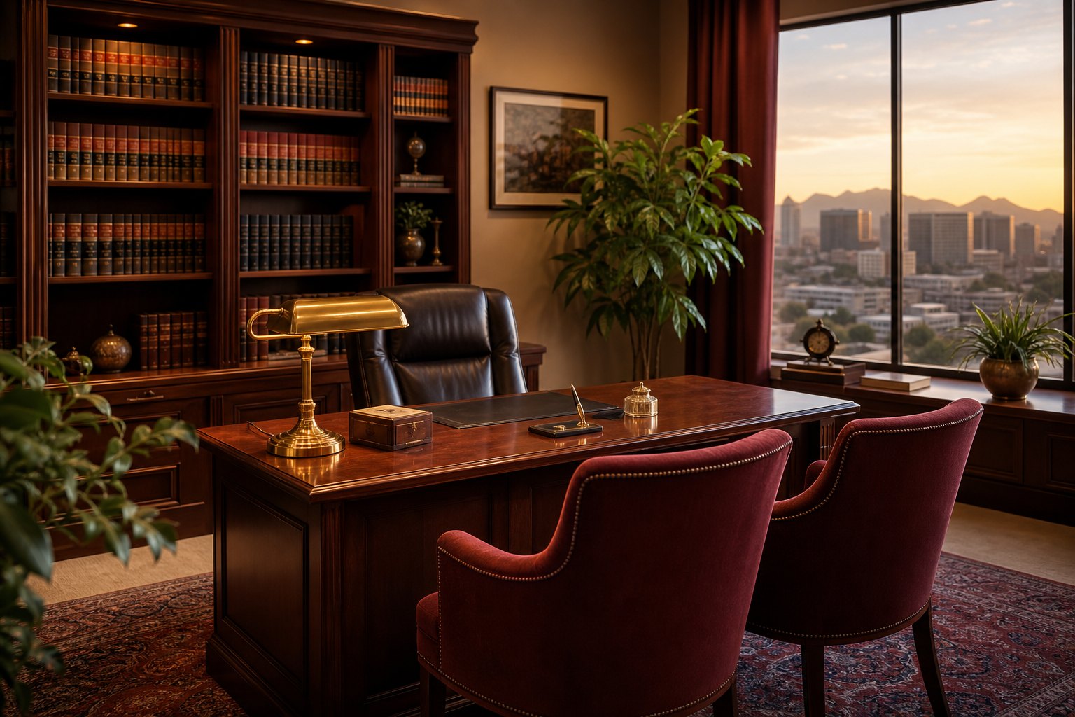 A warm Summit Ledger advisor's office in Phoenix with client chairs and a skyline view