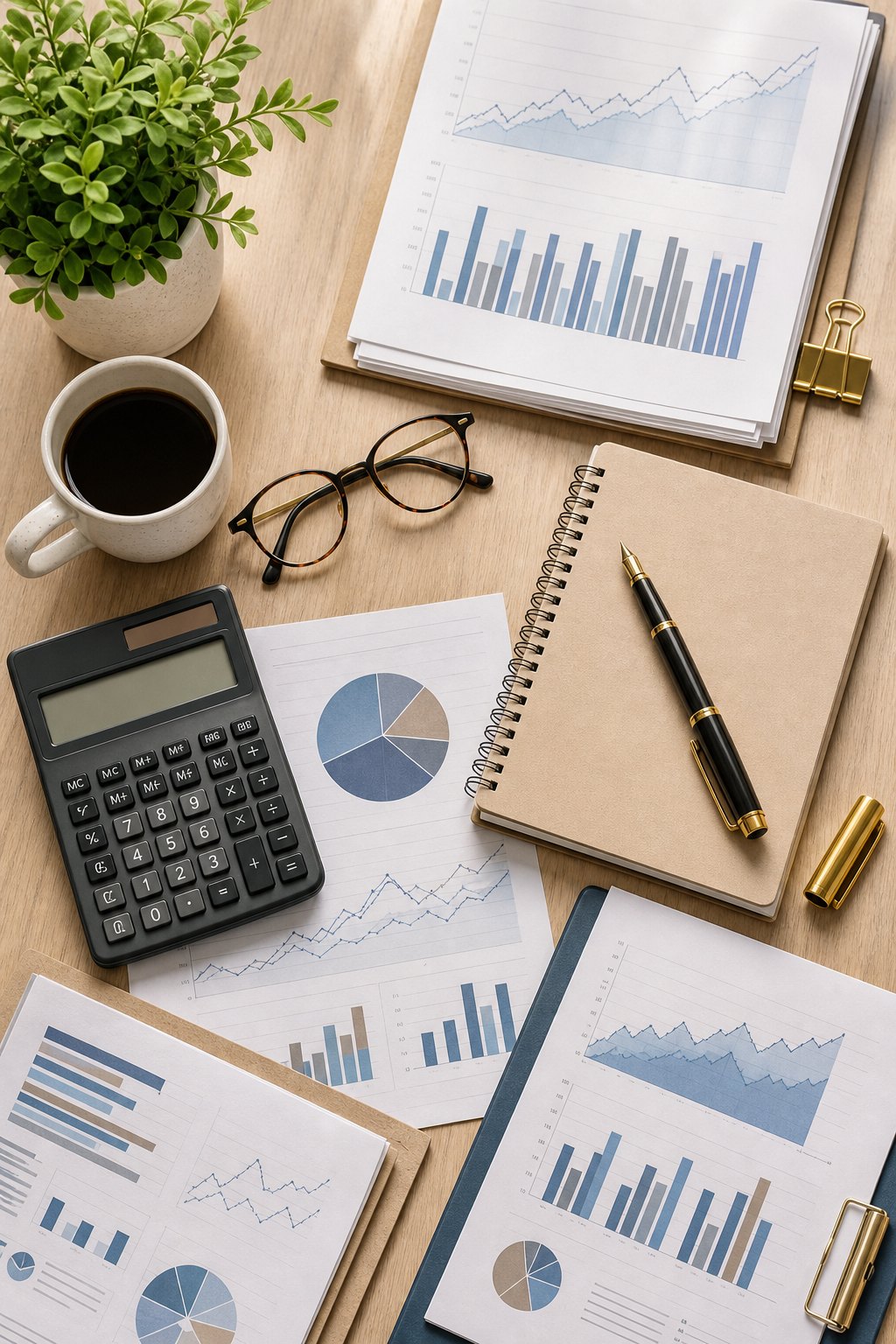 An accountant's desk with financial reports, charts, a calculator and glasses laid out for review