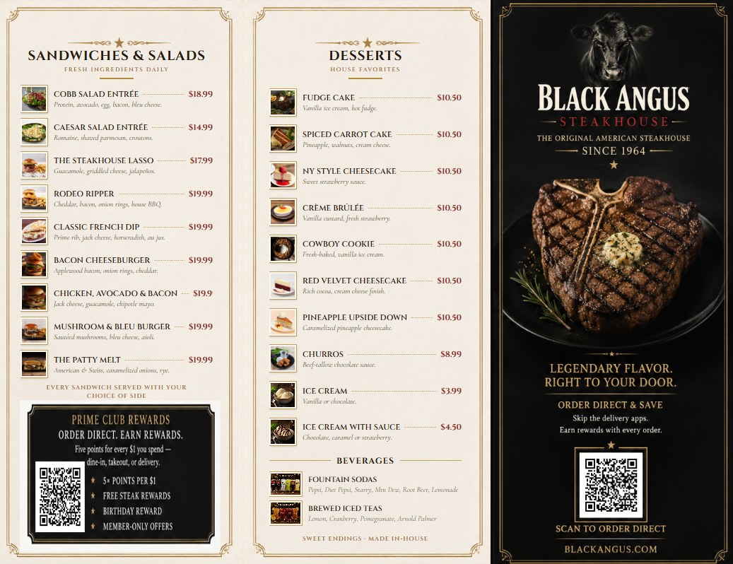 Black Angus Steakhouse menu — side 1