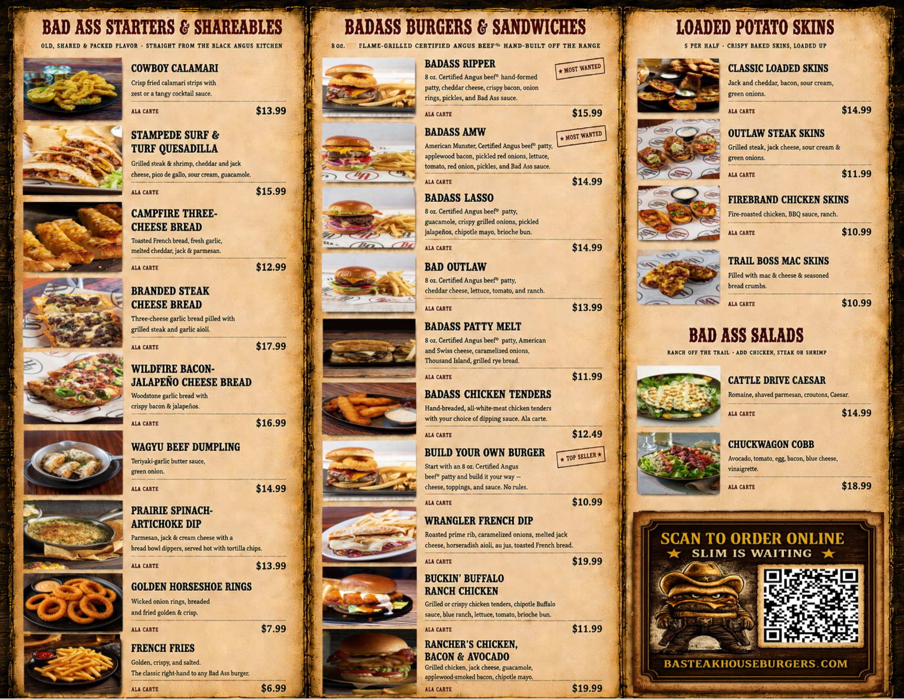 Bad Ass Steakhouse Burgers menu — side 2