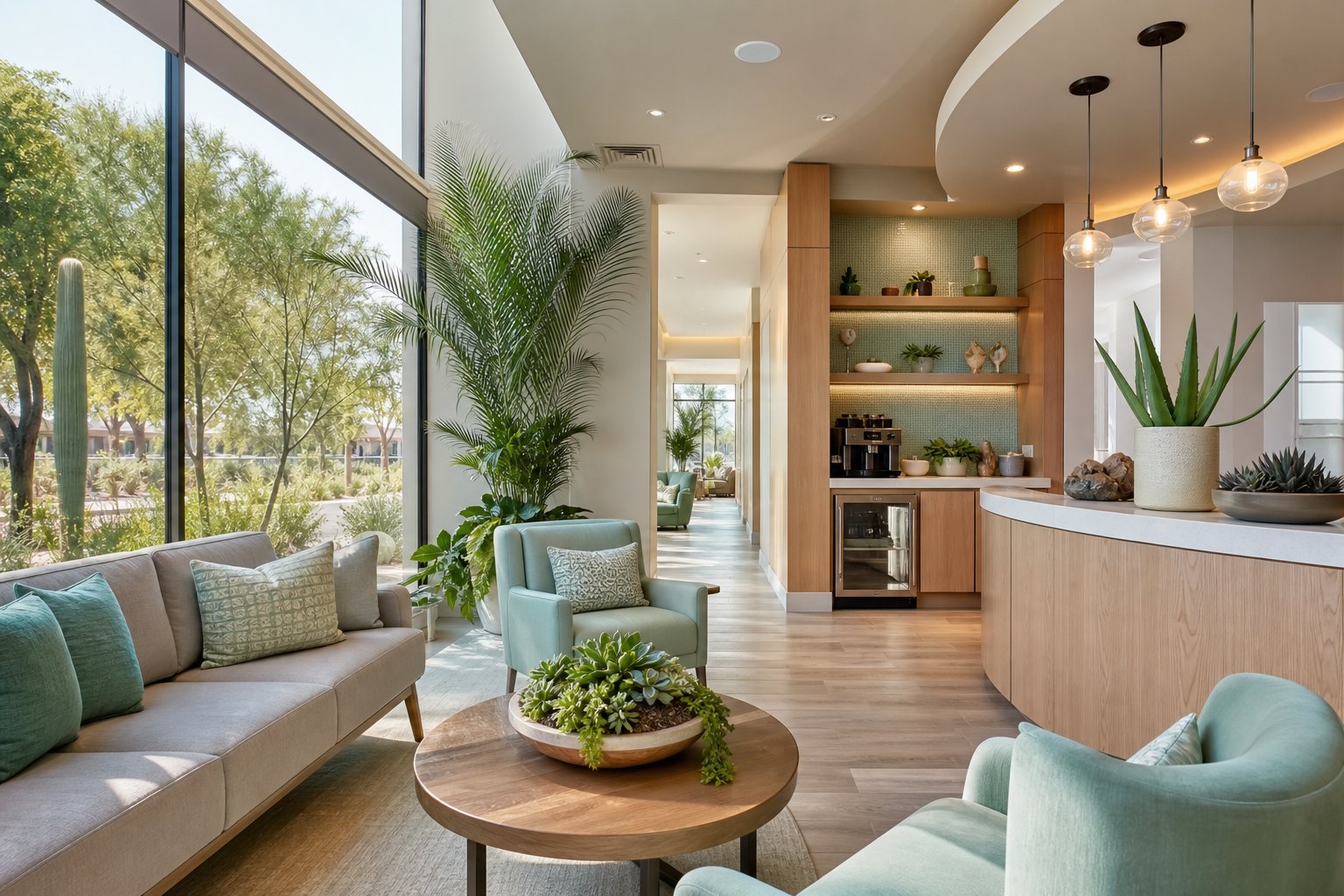 The bright, spa-like Sonoran Smile Dental lobby with a coffee bar