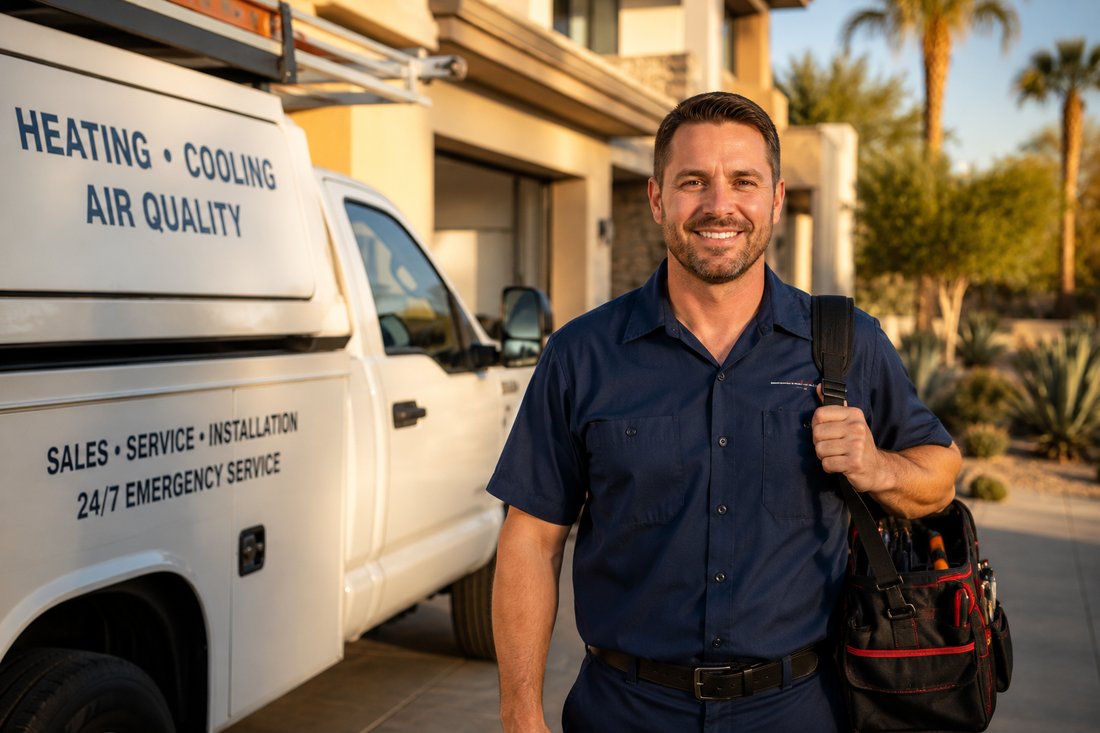 Marcus Delgado, Owner & Lead Technician, beside his Desert Aire service truck