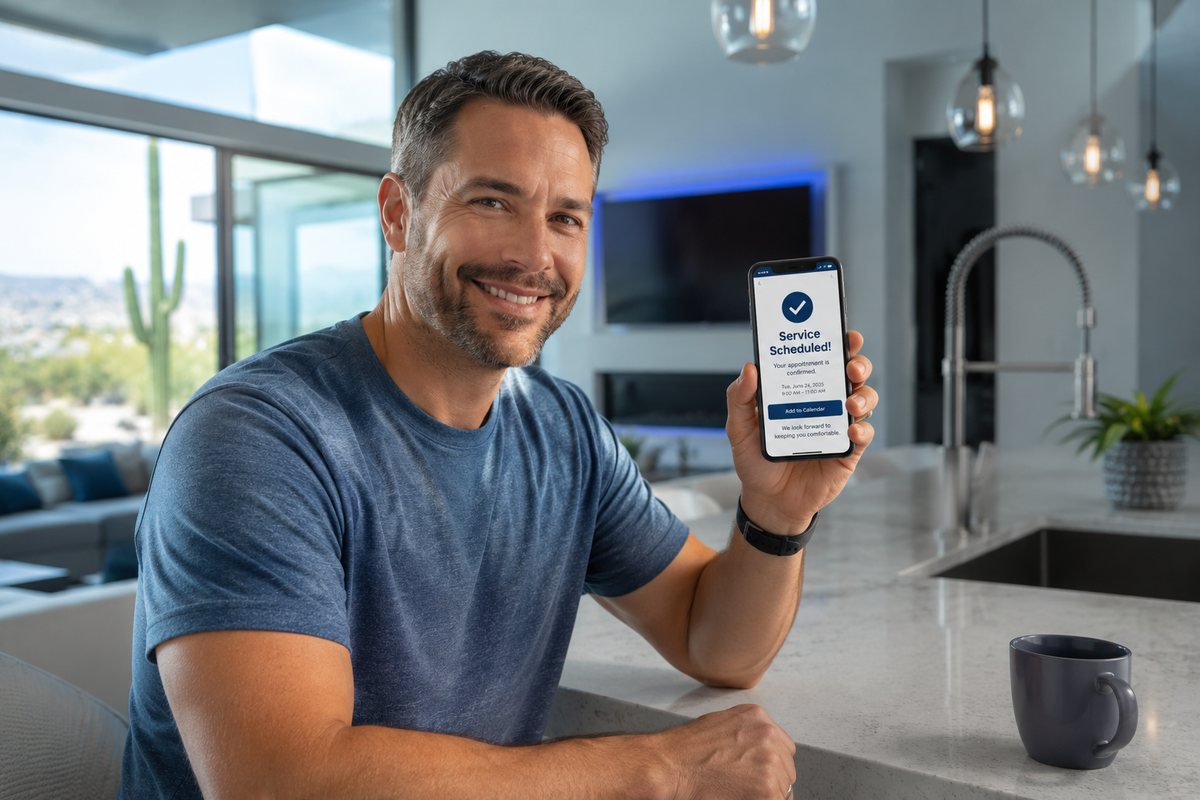 Homeowner confirming a Desert Aire service appointment on his phone