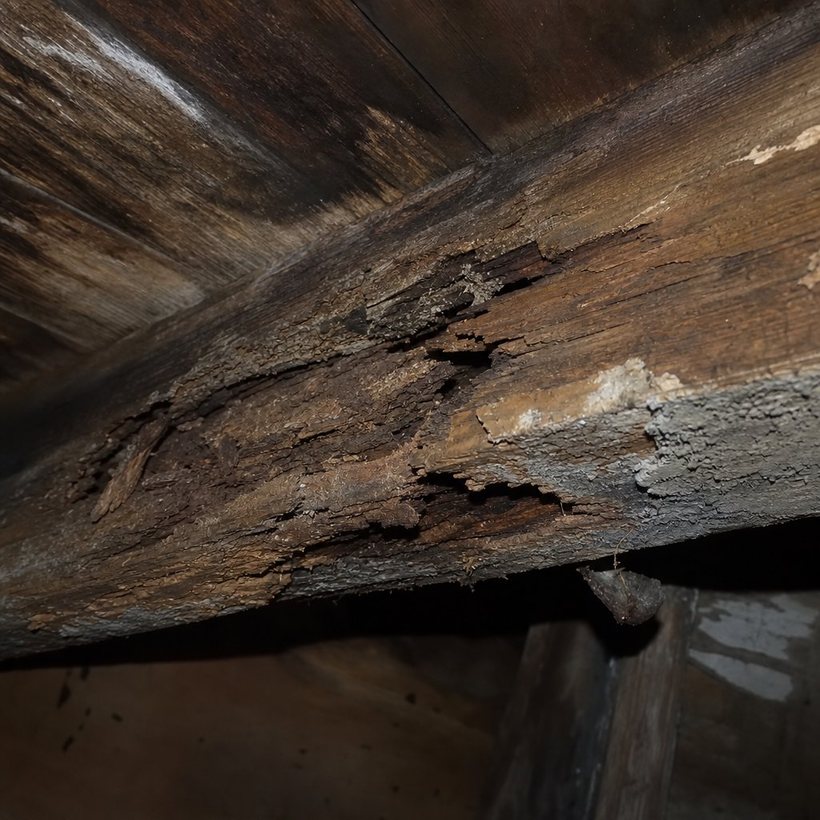 A rotting, crumbling wooden roof rafter deteriorated by long-term water damage