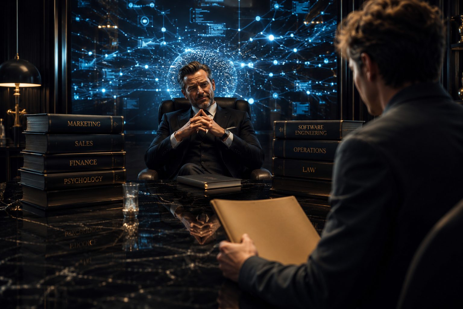 A consultant surrounded by books on marketing, sales, finance, psychology, software engineering, operations and law, facing a business owner whose folder stays closed.