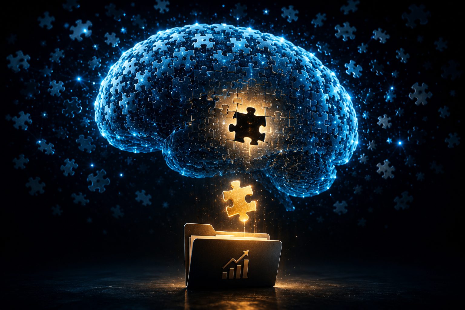 A brain assembled from thousands of glowing blue puzzle pieces with one gold piece missing, rising from a business folder below.