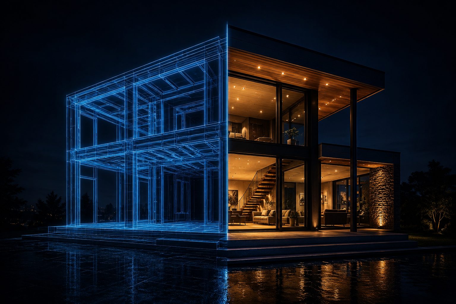 A building at night, one half a glowing blue wireframe and the other half a finished warm lit interior.