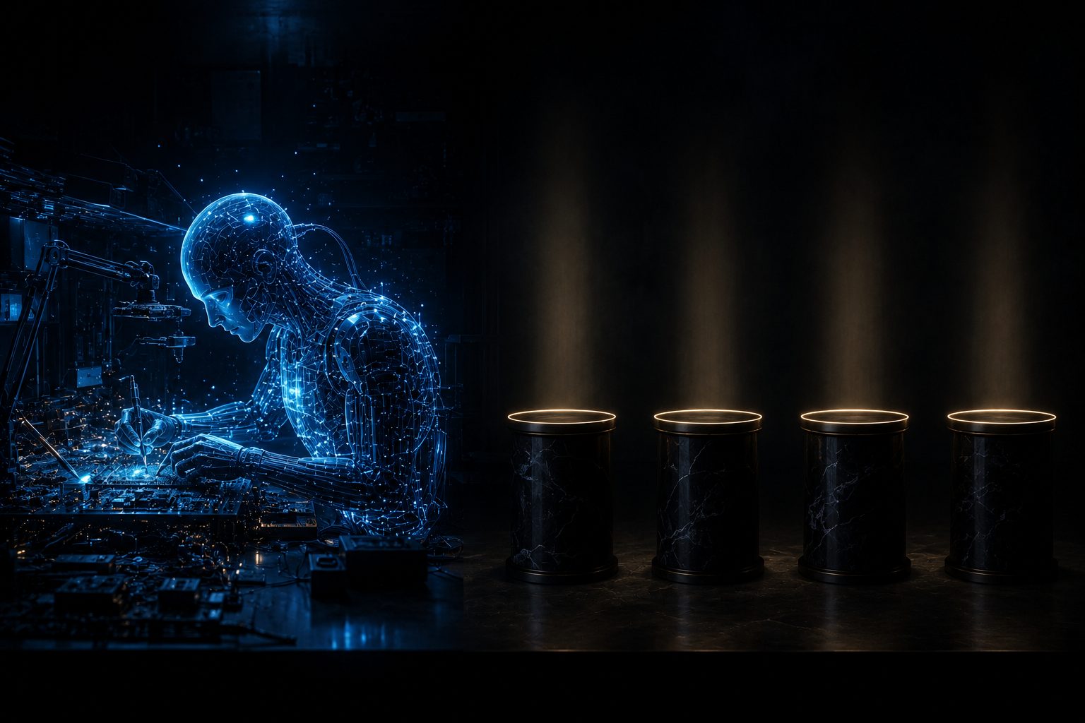 A machine intelligence working flawlessly beside four empty lit pedestals standing in shadow.