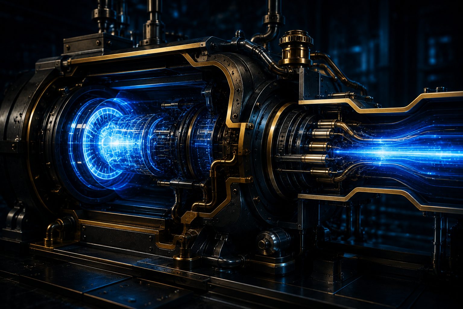 A powerful blue plasma core running at full intensity inside dark steel housing with gold seams directing its output.