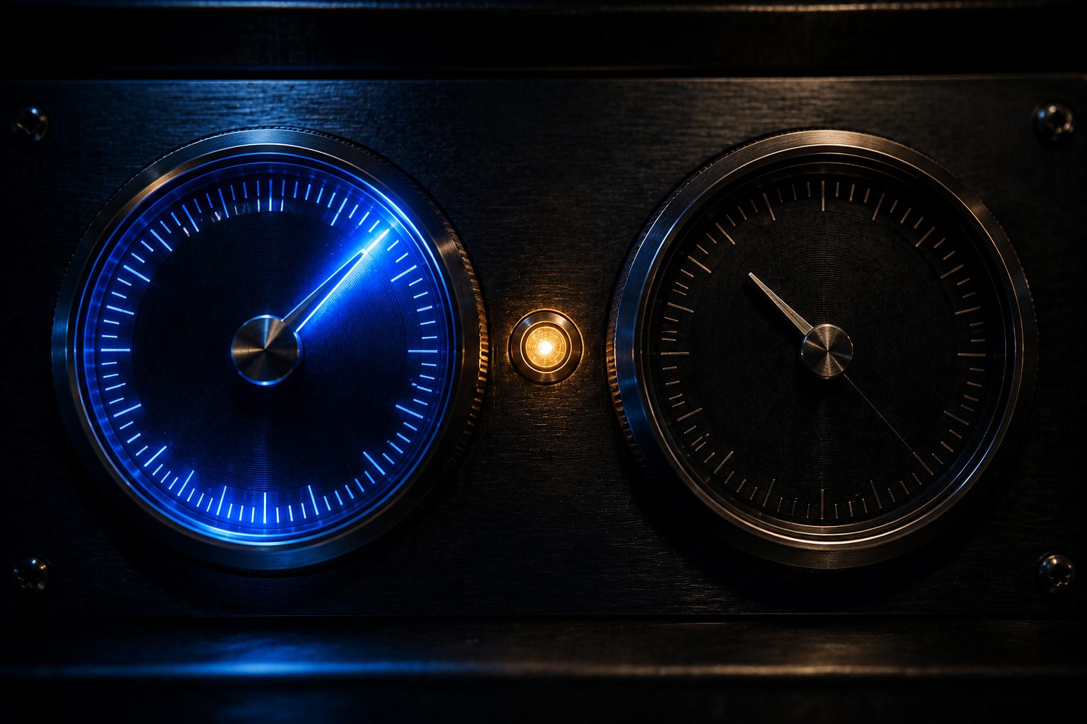 Two instrument dials side by side, the left pinned to maximum and glowing blue, the right dim and unlit.
