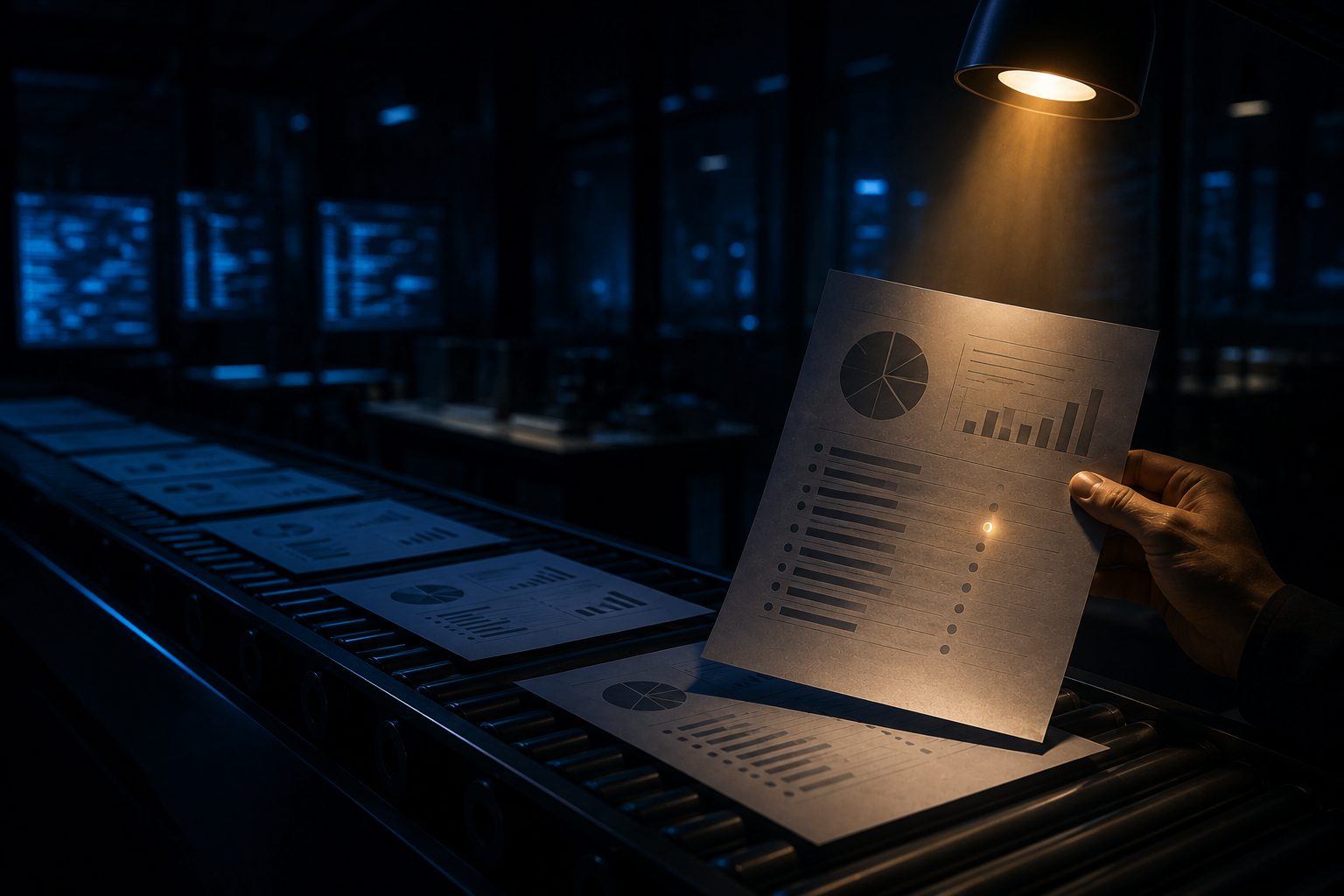 A single document lifted out of a line and held under a focused gold light while a hand inspects one figure on the page.