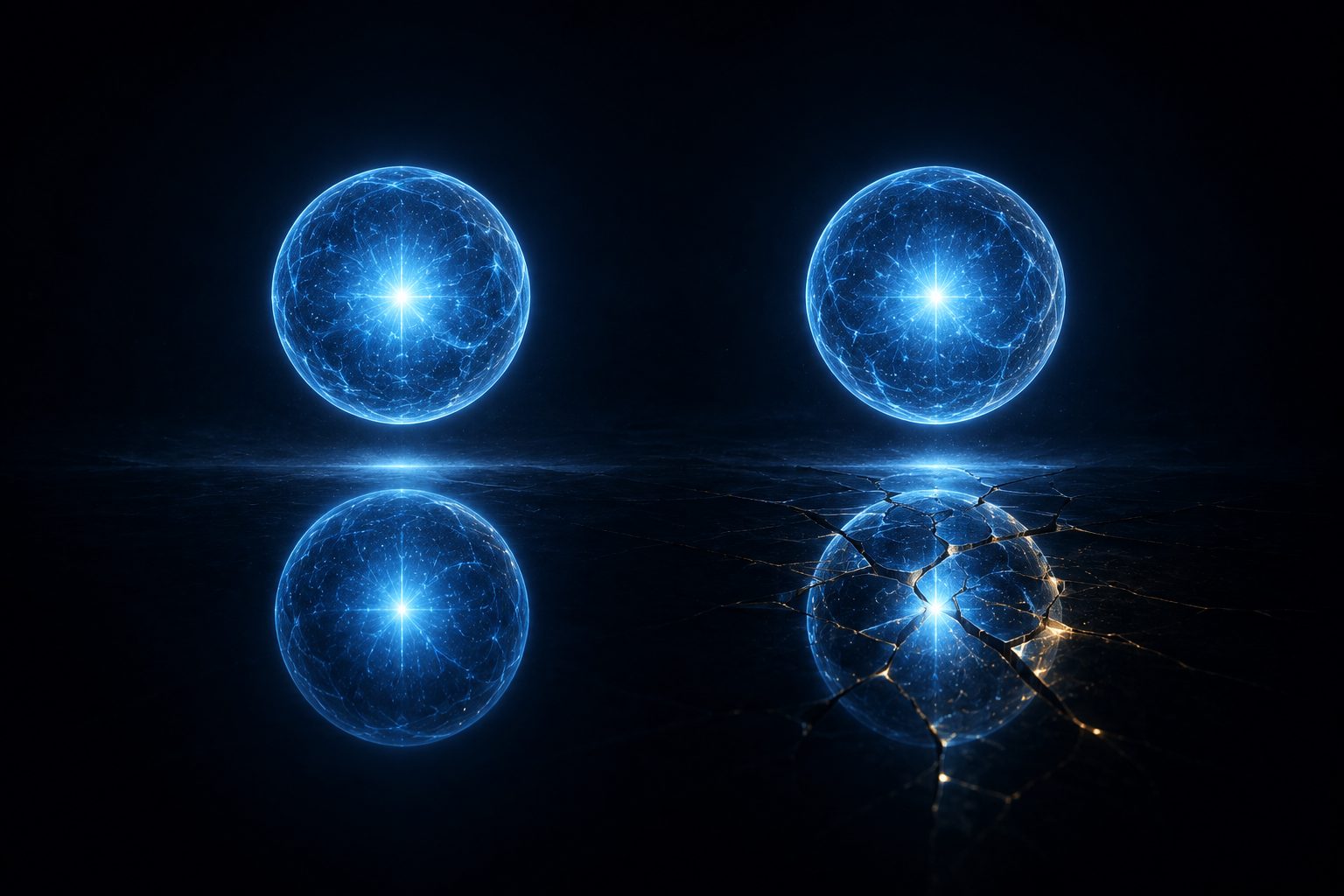 Two identical glowing orbs side by side, one casting a clean reflection and the other casting a fractured one.