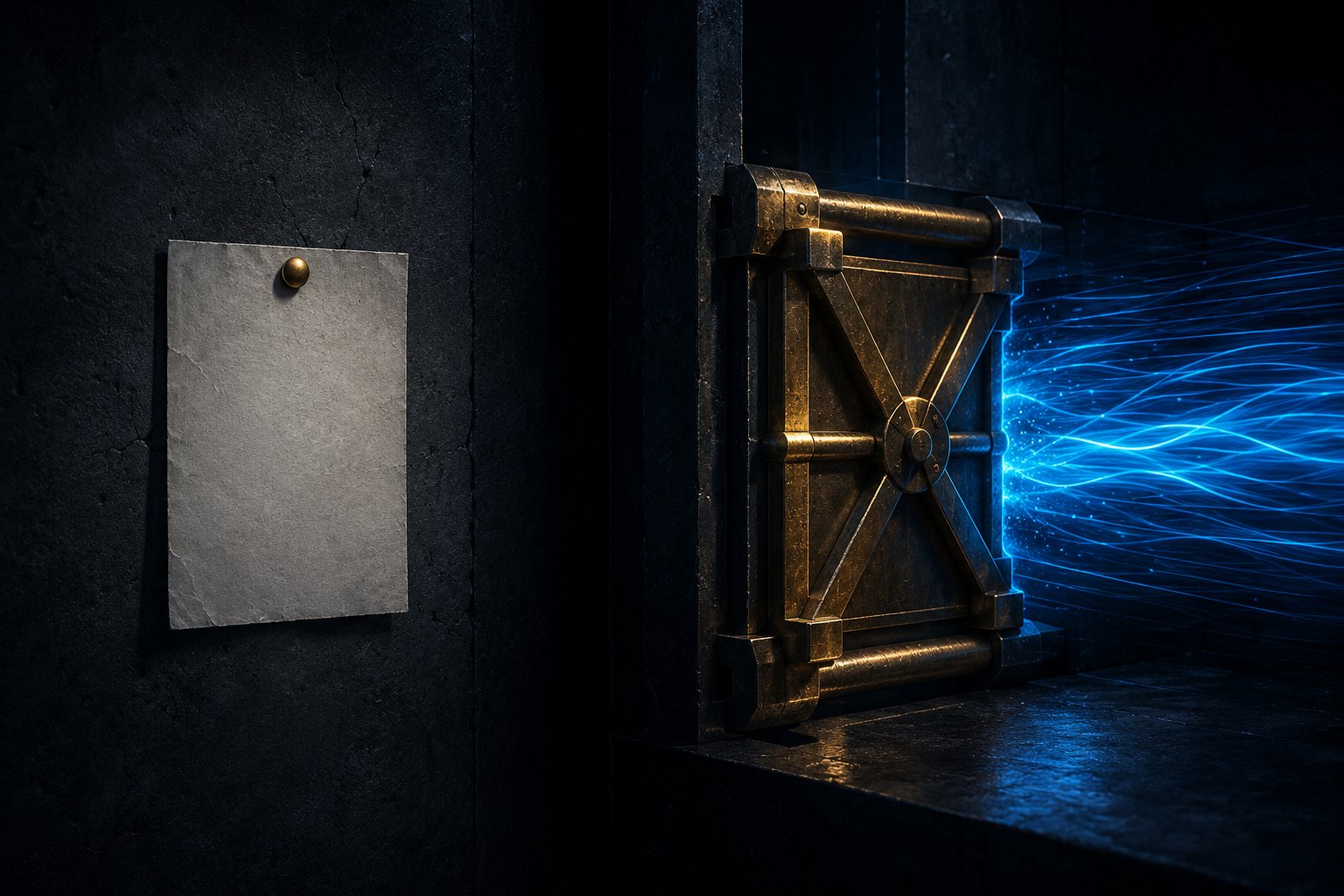 A paper note pinned beside a heavy brass gate that physically blocks a stream of blue light.