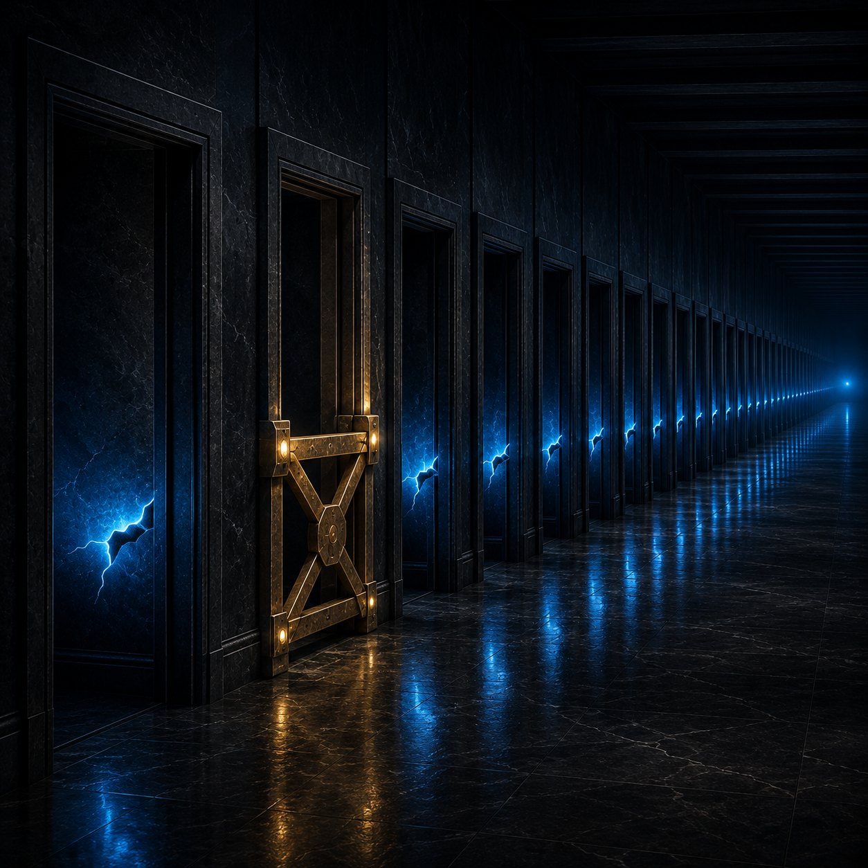 A corridor of identical doorways, each carrying the same blue fracture in the same place, ending at a reinforced barrier.