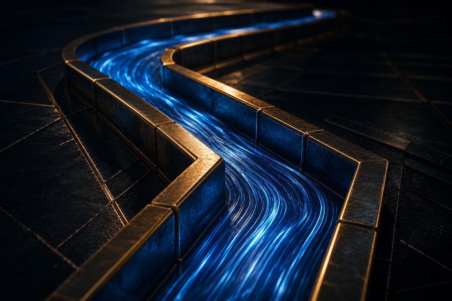 A precision channel of dark steel with gold edges carrying a rushing stream of blue light that cannot leave the channel.
