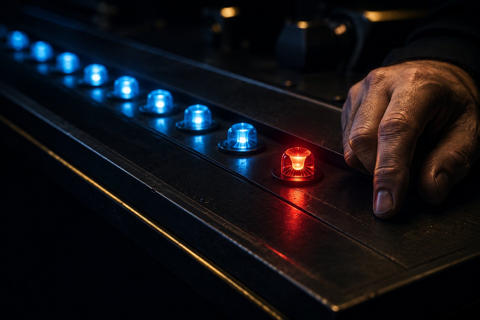 A row of calm blue status indicators along a dark panel with one burning hard red, and a hand stopped at it.