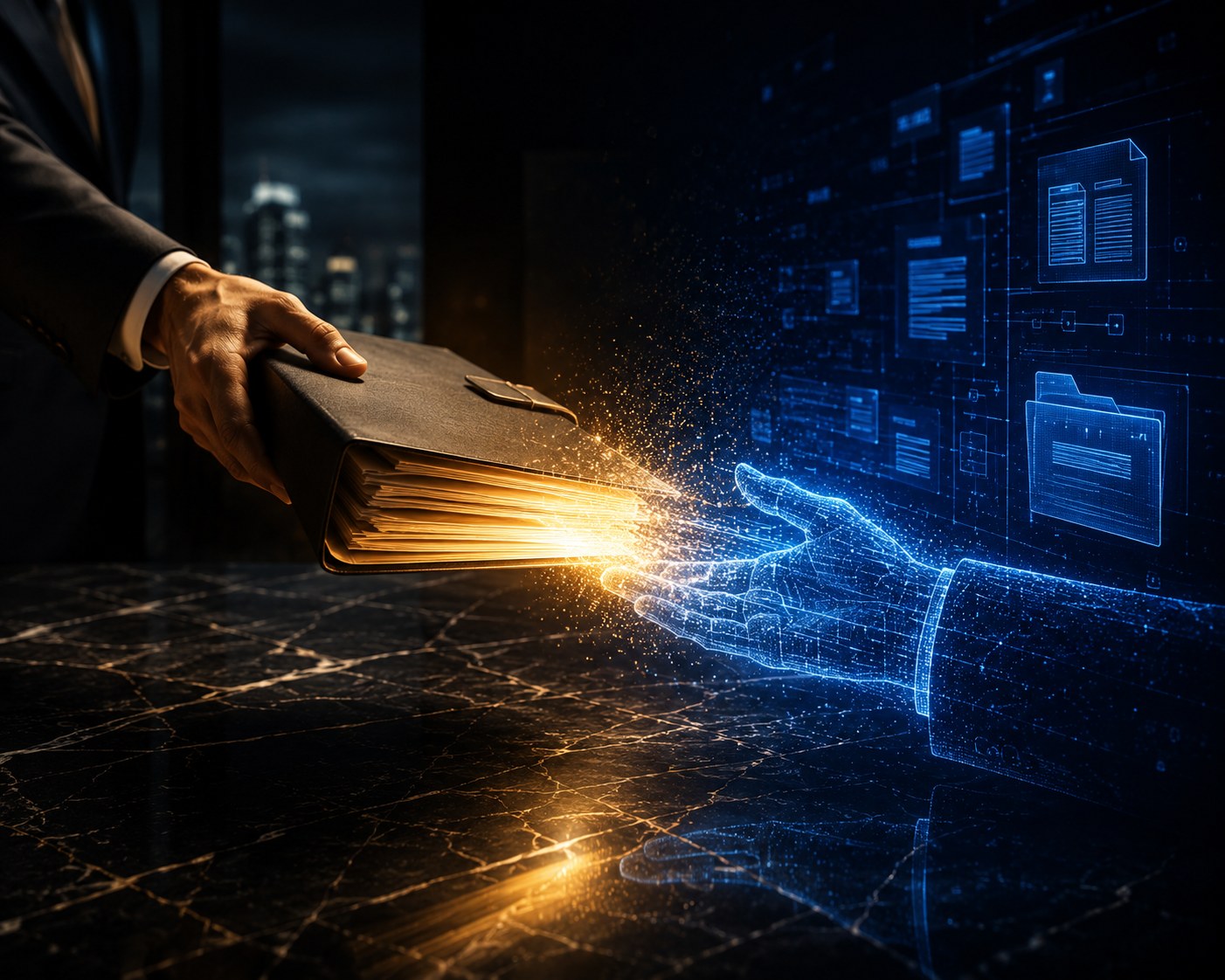 A thick dossier glowing gold being handed across a black marble table into a field of blue digital particles that organize into structured form.