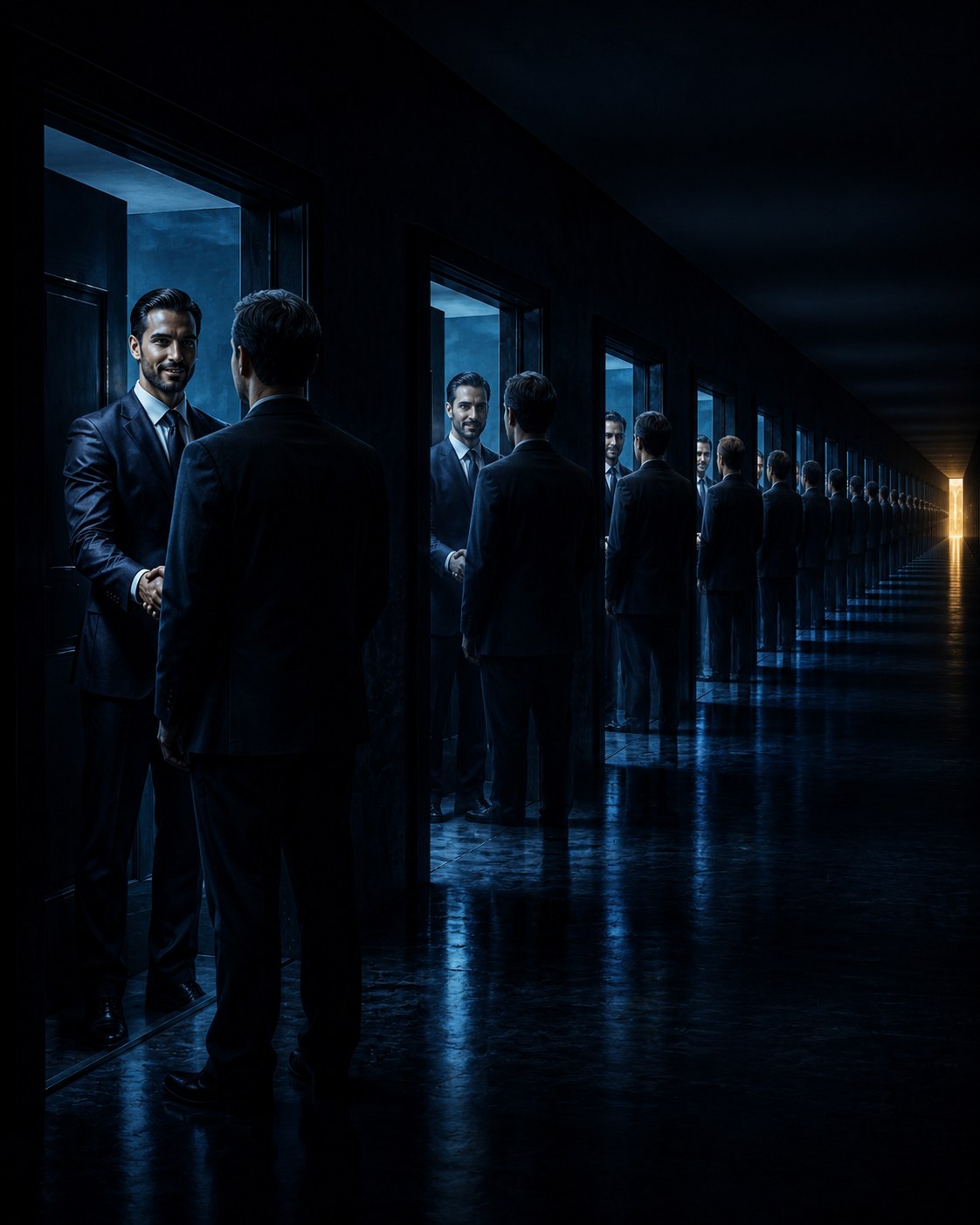 A long dim corridor of identical doorways, the same consultant greeting the same business owner for the first time at every single one.