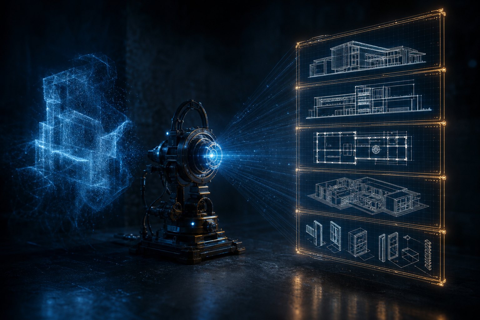 A vague unfinished shape of blue light on the left, a projector at center, and on the right a clean structured blueprint of that same object laid out in five labeled bands.