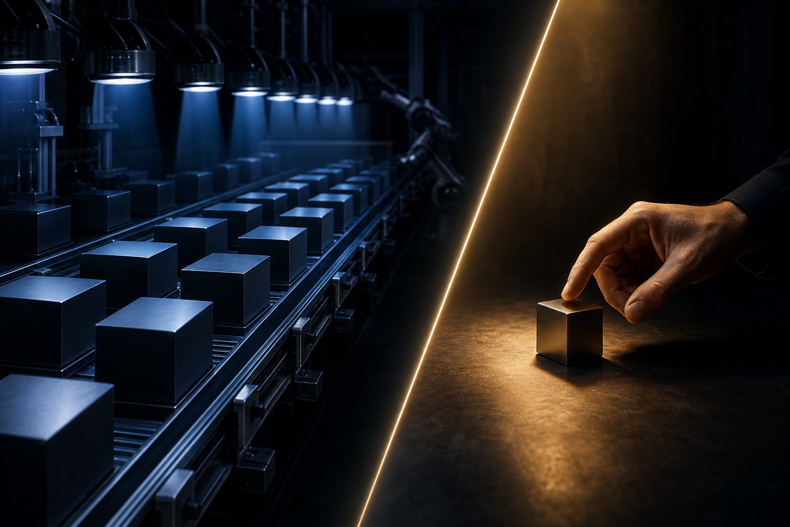 A workspace split by a line of light, identical objects moving down a blue automated line on one side and a single object under warm gold light with a hand reaching for it on the other.