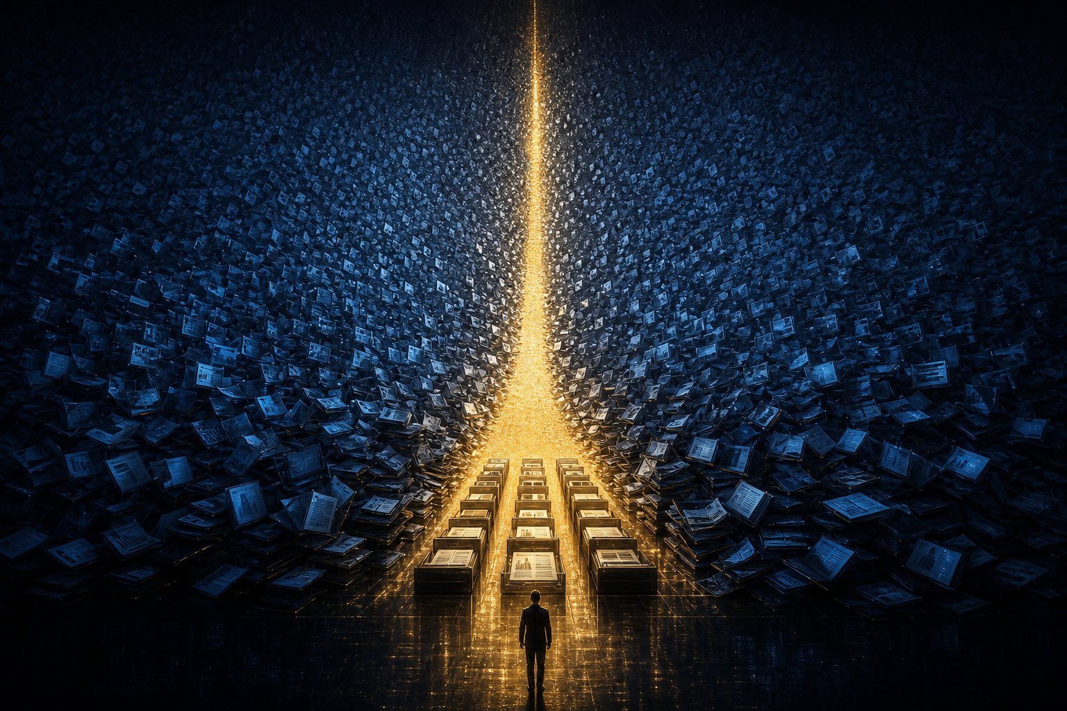 A vast wall of thousands of dim blue documents rising into darkness, with a single channel of gold light cutting through and drawing a small ordered set out of the mass.