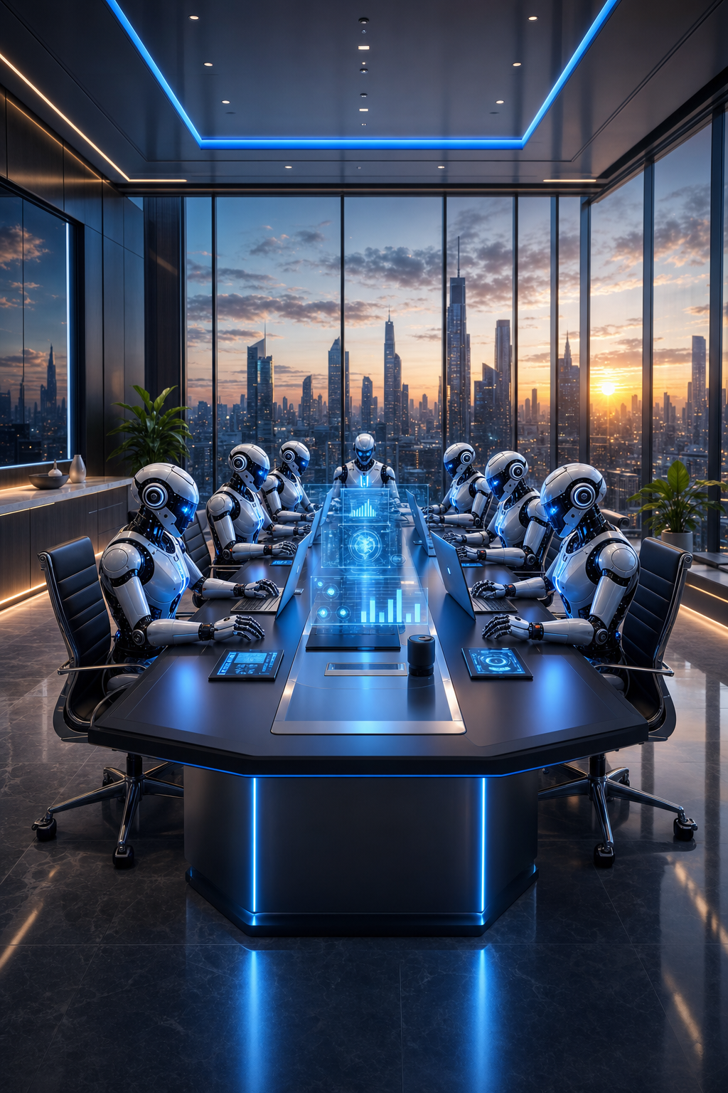 AI robots in a futuristic boardroom — establishing shot