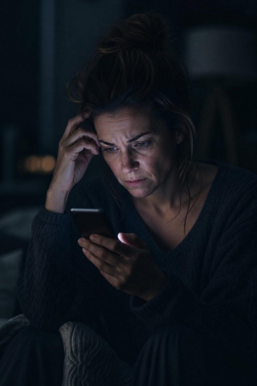 A frustrated client alone in a dark room, anxiously staring at a silent phone — kept in the dark about her case with no update in sight.
