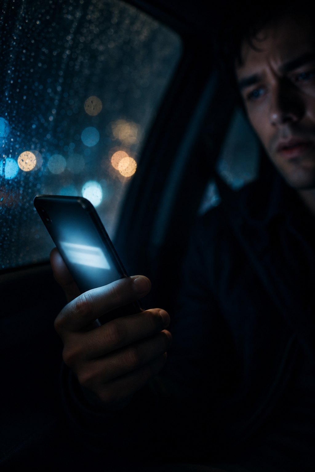 An after-hours caller in a dark car at night, lit by the glow of the instant text-back that starts the intake conversation on the spot.