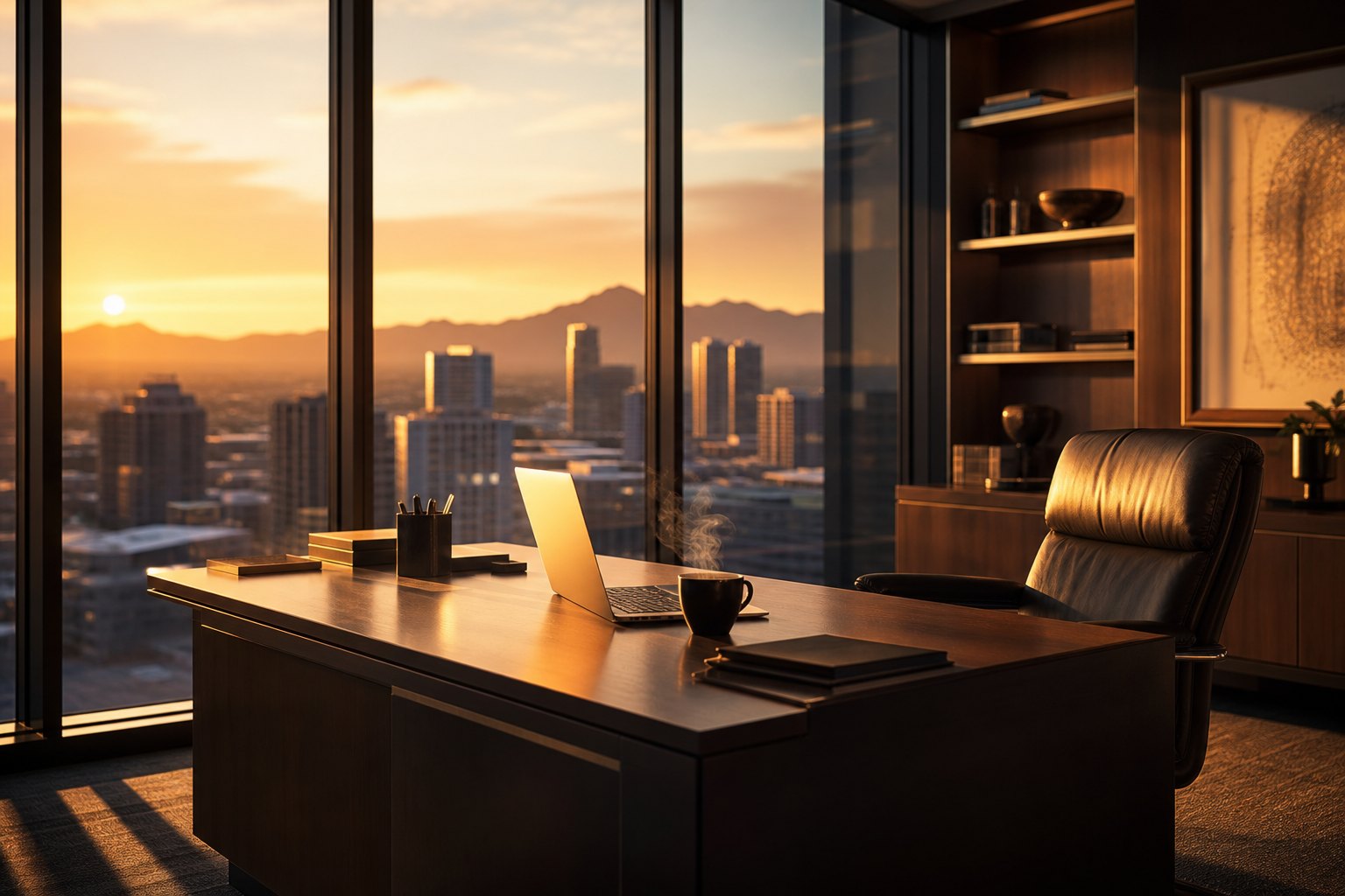 A managing partner's corner office at sunrise — the calm morning after the system answered, qualified, and booked every overnight inquiry while the firm slept.