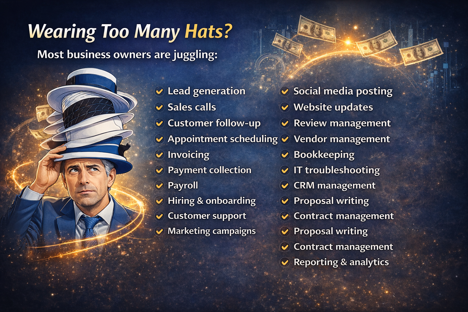 Wearing too many hats — most small business owners juggle 20+ functions at once: lead generation, sales calls, customer follow-up, appointment scheduling, invoicing, payment collection, payroll, hiring, customer support, marketing, social media, website updates, reviews, vendors, bookkeeping, IT, CRM, proposals, contracts, reporting